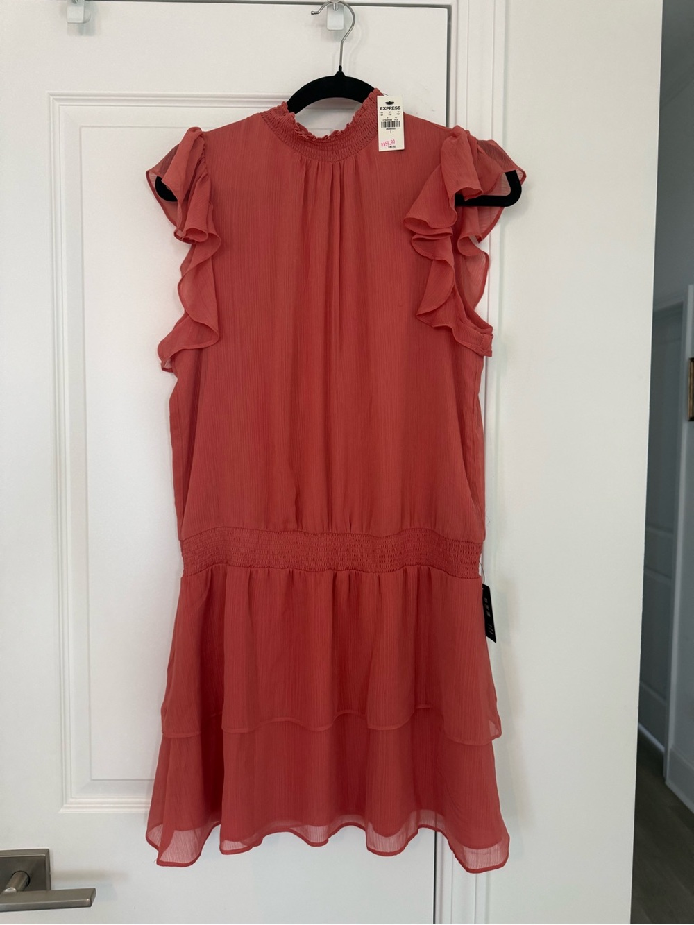 Express Coral Ruffle Sleeve Mini Dress